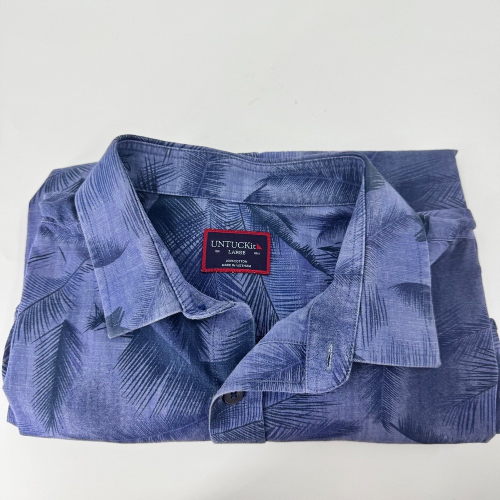 UNTUCKit Mens Large Blue Palm Leaf Print Short Sleeve Cotton Button Down Shirt - Picture 6 of 8